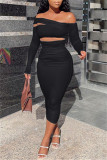 Cream White Fashion Sexy Solid Hollowed Out Off the Shoulder Long Sleeve Dresses