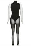 Black Fashion Sexy Solid Patchwork See-through Half A Turtleneck Sleeveless Two Pieces