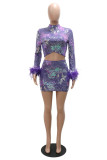 Purple Fashion Sexy Patchwork Sequins Asymmetrical Turtleneck Long Sleeve Two Pieces