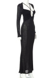 Black Sexy Solid Patchwork Backless Asymmetrical Collar Dresses