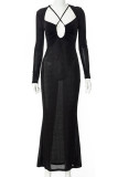Black Sexy Solid Patchwork Backless Asymmetrical Collar Dresses