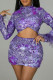 Purple Fashion Sexy Patchwork Sequins Asymmetrical Turtleneck Long Sleeve Two Pieces