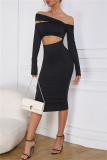 Cream White Fashion Sexy Solid Hollowed Out Off the Shoulder Long Sleeve Dresses