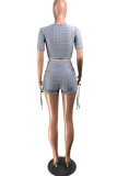 Grey Fashion Casual Solid Draw String Frenulum V Neck Short Sleeve Two Pieces