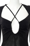Black Sexy Solid Patchwork Backless Asymmetrical Collar Dresses