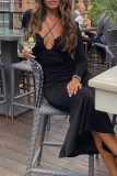 Black Sexy Solid Patchwork Backless Asymmetrical Collar Dresses