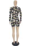 Black Casual Print Without Belt V Neck Regular Rompers