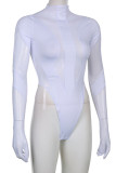 White Sexy Solid Patchwork See-through Mesh O Neck Skinny Bodysuits