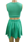 Green Sexy Solid Hollowed Out Patchwork O Neck Sleeveless Two Pieces