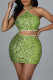 Green Sexy Solid Sequins Patchwork Halter Sleeveless Two Pieces