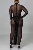 Black Sexy Patchwork Leopard See-through Turtleneck Long Sleeve Dresses