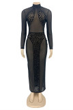 Black Sexy Patchwork Leopard See-through Turtleneck Long Sleeve Dresses