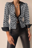 Ginger Casual Print Patchwork Buckle Turndown Collar Tops