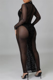 Black Sexy Patchwork Leopard See-through Turtleneck Long Sleeve Dresses