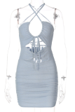 Blue Sexy Solid Patchwork Halter Pencil Skirt Dresses