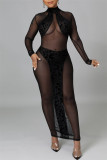Black Sexy Patchwork Leopard See-through Turtleneck Long Sleeve Dresses
