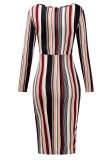 Powder Blue Sexy Striped Print Hollowed Out Patchwork V Neck One Step Skirt Dresses