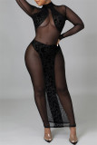 Black Sexy Patchwork Leopard See-through Turtleneck Long Sleeve Dresses