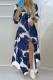 Blue Casual Print Patchwork Buckle Turndown Collar Shirt Dress Dresses