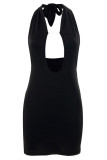Black Fashion Sexy Solid Bandage Backless Halter Sleeveless Dress