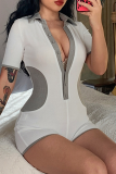 White Sexy Solid Patchwork Turndown Collar Skinny Rompers