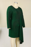 Green Fashion Solid Patchwork Asymmetrical V Neck Long Sleeve Evening Dress