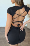 Black Sexy Solid Bandage Split Joint Backless O Neck One Step Skirt Dresses