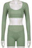 Green Casual Sportswear Solid Patchwork Square Collar Long Sleeve Two Pieces
