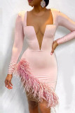 Pink Sexy Solid Patchwork See-through Feathers Asymmetrical O Neck One Step Skirt Dresses