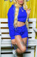 Blue Sexy Solid Hollowed Out Patchwork Frenulum Hooded Collar Long Sleeve Two Pieces