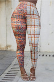 Brown Fashion Casual Print Patchwork Skinny Mid Waist Pencil Trousers