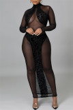 Black Sexy Patchwork Leopard See-through Turtleneck Long Sleeve Dresses