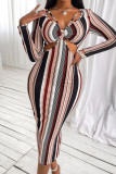 Powder Blue Sexy Striped Print Hollowed Out Patchwork V Neck One Step Skirt Dresses