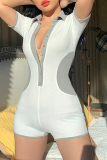 White Sexy Solid Patchwork Turndown Collar Skinny Rompers