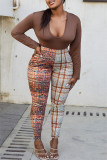 Brown Fashion Casual Print Patchwork Skinny Mid Waist Pencil Trousers