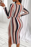 Powder Blue Sexy Striped Print Hollowed Out Patchwork V Neck One Step Skirt Dresses