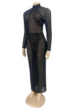 Black Sexy Patchwork Leopard See-through Turtleneck Long Sleeve Dresses