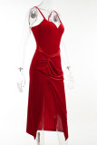 Red Sexy Elegant Solid Patchwork Slit Spaghetti Strap Evening Dress Dresses