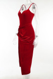Red Sexy Elegant Solid Patchwork Slit Spaghetti Strap Evening Dress Dresses