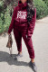 Burgundy Fashion Casual Letter Patchwork Hooded Collar Long Sleeve Two Pieces