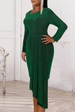 Green Fashion Solid Patchwork Asymmetrical V Neck Long Sleeve Evening Dress