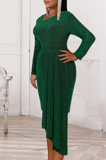 Green Fashion Solid Split Joint Asymmetrical V Neck Long Sleeve Evening Dress