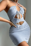 Blue Sexy Solid Patchwork Halter Pencil Skirt Dresses