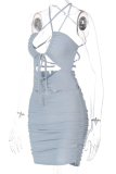 Blue Sexy Solid Patchwork Halter Pencil Skirt Dresses
