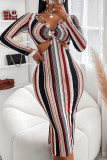 Powder Blue Sexy Striped Print Hollowed Out Patchwork V Neck One Step Skirt Dresses