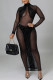 Black Sexy Patchwork Leopard See-through Turtleneck Long Sleeve Dresses
