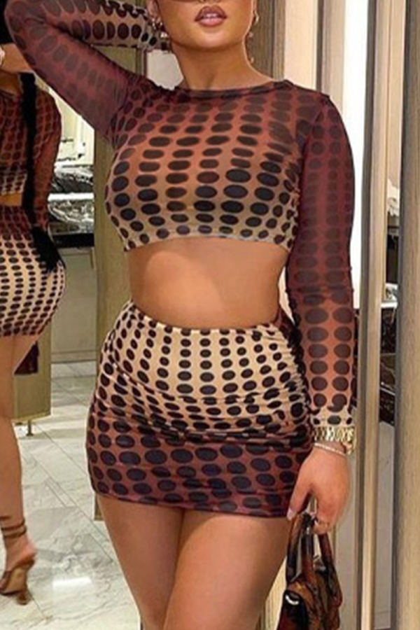 Colour Sexy Print Patchwork O Neck Long Sleeve Two Pieces