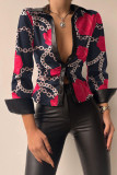 Black Red Casual Print Patchwork Buckle Turndown Collar Tops