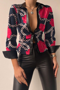 Rose Red Blue Casual Print Split Joint Buckle Turndown Collar Tops