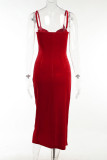 Red Sexy Elegant Solid Patchwork Slit Spaghetti Strap Evening Dress Dresses